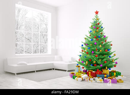 Weihnachtsbaum mit bunten Christbaumkugeln, Geschenke in einem Wohnzimmer Interior 3D Rendering Stockfoto