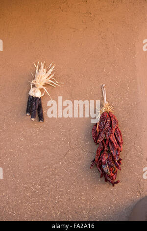 Getrockneten Mais und Chile peppers hängen auf einer Adobe-Wand an der alten indianischen Taos Pueblo außerhalb Taos, New Mexiko. Die Pueblos gelten als eine der ältesten durchgehend besiedelten Gemeinden in den Vereinigten Staaten und ist ein UNESCO-Weltkulturerbe ausgewiesen. Stockfoto