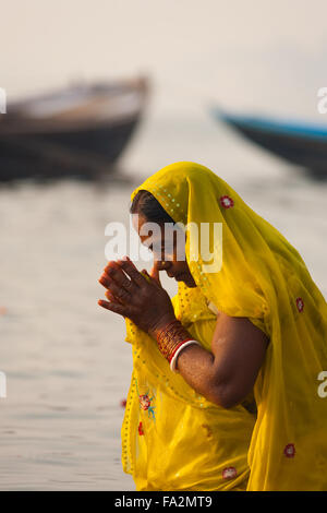 Ein Gläubiger hindu-Frau im gelben Sari Verbeugung, beten und Baden mit den Händen umklammert zusammen in den heiligen Fluss Ganges am Morgen Stockfoto