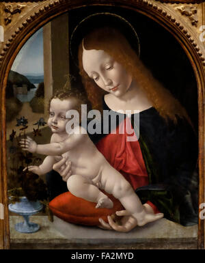 Madonna und Kind mit Akeleien - Anhänger von Leonardo Da Vinci - um 1490 Stockfoto