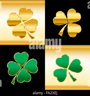 Goldene und grüne Kleeblätter - Muster mit drei und vier großblättrige Klee auf gold und schwarzen quadratischen Hintergrund. Stockfoto