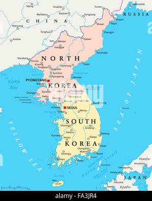 Nordkorea, Südkorea politische Karte mit Hauptstädten Pjöngjang und Seoul. Koreanische Halbinsel, Landesgrenzen, wichtige Städte. Stockfoto