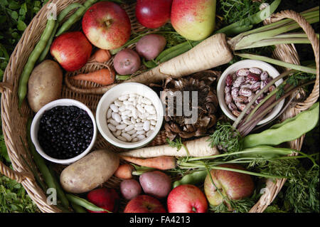 Ein Korb voll mit einheimischen Obst und Gemüse; produzieren von Kleingärten, Stockfoto