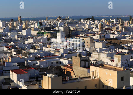 Dächer von Gebäuden im Barrio De La Vina, Blick nach Westen vom Dach der Kathedrale, Cadiz, Spanien Stockfoto