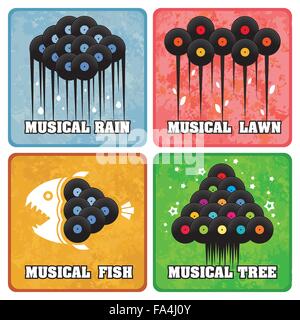Konzeptionelle Reihe von kreativen LP Vinyl Icons mit Zeichen; Vektor-Illustration der musikalischen Regen, Rasen, Fisch und Baum aus Vinyl rec Stock Vektor