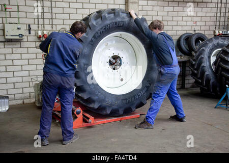 Lehrling Monteur ändern ein Traktorreifen. Stockfoto