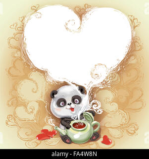 Teddybär Panda gratuliert Happy Valentinstag. Fantastische Cartoon-Stil.  Szene / Wallpaper / Hintergrund Design Stockfoto