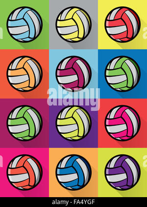 Bunte Volleyball Symbole in verschiedenen hellen Hintergrundfarben kariert. Stockfoto