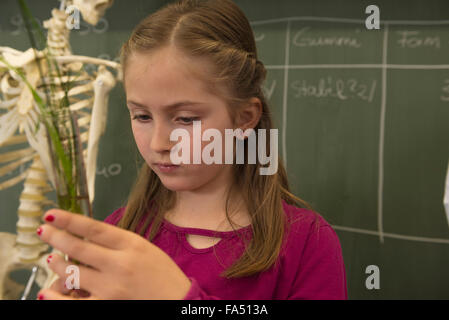 Nahaufnahme einer Schülerin hält ein Reagenzglas mit Kräutern im Klassenzimmer, Fürstenfeldbruck, Bayern, Deutschland Stockfoto