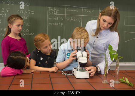Schulschüler mit Lehrer durch ein Mikroskop, Fürstenfeldbruck, Bayern, Deutschland Stockfoto