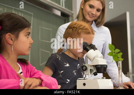 Schulmädchen mit Lehrer, die durch ein Mikroskop schauen, Fürstenfeldbruck, Bayern, Deutschland Stockfoto