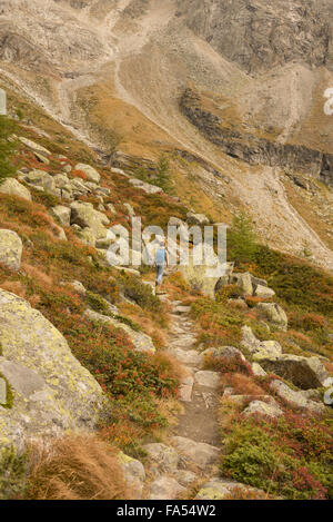 Rückansicht des Reifen Wanderer Klettern am Berg, Österreichische Alpen, Zirmsee, Kärnten, Österreich Stockfoto