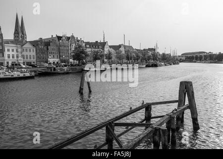 Boote auf der Trave in Lübeck Stockfoto