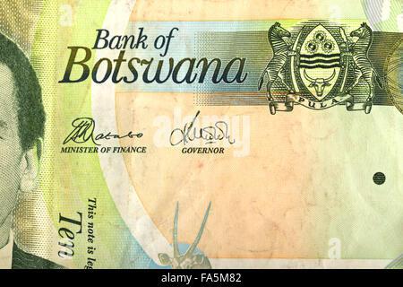 Detail der 10 Botswana Pula Banknote. Botswana Pula ist die nationale Währung von Botswana Stockfoto
