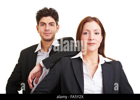 Zwei junge Inhalt Geschäftsleute, die in die Kamera Stockfoto