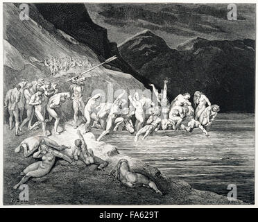 l'Inferno (The Vision of Hell) des 13c italienischen Dichters Dante Alighieri, illustriert von 19. Jahrhundert französischen Künstlers Gustave Doré. Die Gottlosen werden über den Fluss Acheron in die Hölle durch den Fährmann Charon befördert. (Canto III, Linien 107-108) Stockfoto