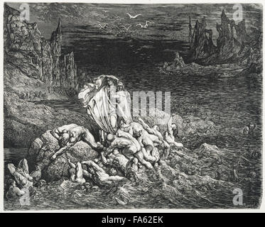 l'Inferno (The Vision of Hell) des 13c italienischen Dichters Dante Alighieri, illustriert von 19. Jahrhundert französischen Künstlers Gustave Doré. Der fünfte Kreis der Hölle, wo die zornvollen bestraft werden. Dante und Vergil am Ufer des Flusses Styx. (Canto VII, Linien 118-119) Stockfoto