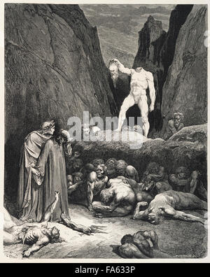 l'Inferno (The Vision of Hell) des 13c italienischen Dichters Dante Alighieri, illustriert von 19. Jahrhundert französischen Künstlers Gustave Doré. Dante und Vergil im achten Kreis der Hölle, wo Betrug bestraft wird. (Canto XXVIII, Linien 116-119) Stockfoto