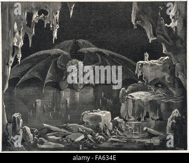 l'Inferno (The Vision of Hell) des 13c italienischen Dichters Dante Alighieri, illustriert von 19. Jahrhundert französischen Künstlers Gustave Doré. Satan (Luzifer oder Dis) ist in das Eisherz den neunten Kreis der Hölle, eingesperrt, wo Verrat bestraft wird. (Canto XXXIV, Zeilen 20-21) Stockfoto