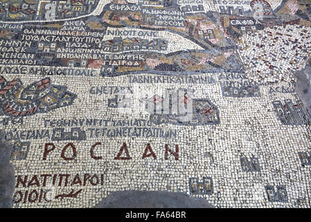 Älteste Landkarte von Palästina, Mosaik, datiert AD-560, St.-Georgs-Kirche, Madaba, Jordanien Stockfoto