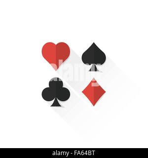 Vektor-farbige Spielkarten Anzüge Set Herz Pik Vereine Diamanten isoliert flaches Design Illustration auf weißem Hintergrund mit s Stock Vektor