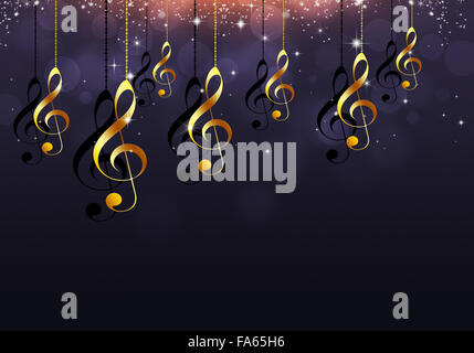 Goldene Musiknoten auf dunkelblauem Hintergrund Stockfoto