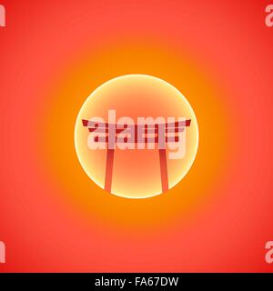 Vektor-farbige flache Design Japan Tor Torii lodernden Sunrising Sonne Illustration isoliert orange roten Hintergrund Stock Vektor