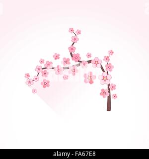 Vektor-rosa Farbe flaches Design Japan Kirschblüte Sakura Zweig Abbildung isoliert hellen Hintergrund lange Schatten Stock Vektor