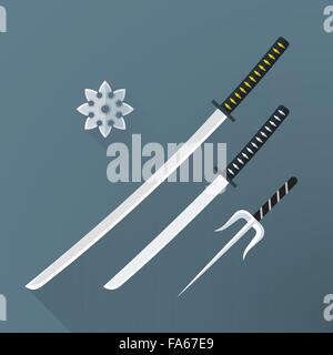 Vektor-farbige flache Design Japan kalter Stahl Waffen Katana Schwert Wakizashi Shuriken Sai isoliert Illustration grauen Hintergrund lange Stock Vektor