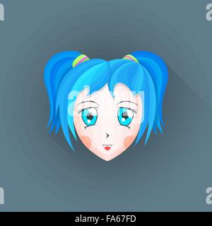 Vektor-farbige flache Bauform japanische Anime Manga Mädchen Gesicht großen blauen Augen Cyan Haar Abbildung isoliert dunklen Hintergrund lange sha Stock Vektor