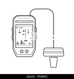 Vektor monochrome Kontur Angeln Echolot Gerät Schnur Schwimmer isoliert schwarzen Umriss Abbildung auf weißem Hintergrund Stock Vektor