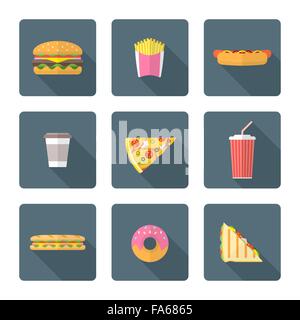 Vektor-Farbe flaches Design, dass verschiedene Essen Pommes frites Hamburger Cheeseburger Hot-Dog Kaffee Tasse Pizza Cola Soda Clubsandwich Fasten Stock Vektor