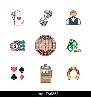 Vektor farbige Kontur verschiedene Glücksspiele Zeichen Blackjack Würfel Croupier Casino Jetons Roulette Geld Geldkarte Spielautomat passt Stock Vektor