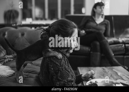 Eine freche Welpen beobachten seines Besitzers Essen ihr Abendessen Stockfoto