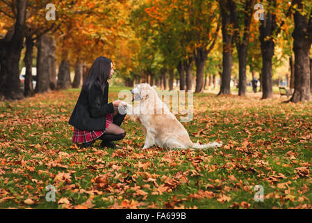 Mädchen sitzen im Park mit ihrem Hund Stockfoto