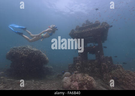 Frau Schnorcheln unter Wasser von einem versunkenen Tempel, Bali, Indonesien Stockfoto