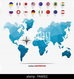Vektor-Illustration der Weltkarte mit Markern und Kreis Nationalflaggen für Ihr design Stock Vektor