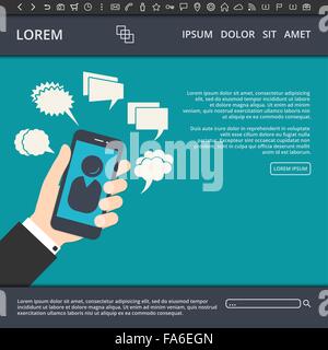 Vektor-Illustration von flachen Stil-Web-Design-Vorlage mit Website-Elemente, Buttons, andere Symbole und smartphone Stock Vektor
