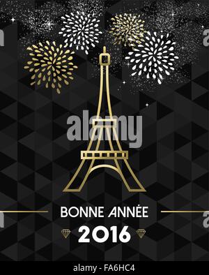 Glückliches Neujahr 2016 Paris Grußkarte mit Frankreich Denkmal Eiffelturm in gold Umriss-Stil. EPS10 Vektor. Stock Vektor
