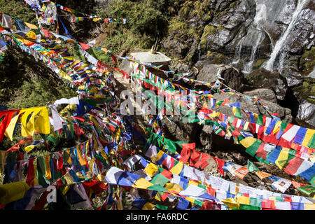 Gebetsfahnen auf Weg zum Taktsang Palphug Tiger Nest Kloster Paro Bhutan Stockfoto