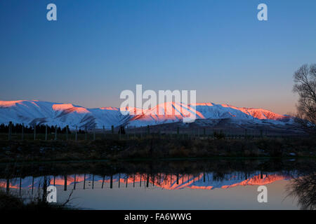 Alpenglühen am Ida Range, Maniototo, Central Otago, Südinsel, Neuseeland Stockfoto