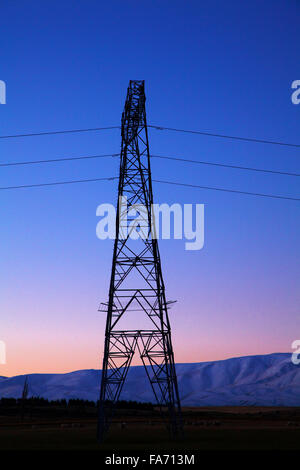 Macht Pylon in der Abenddämmerung, Maniototo, Central Otago, Südinsel, Neuseeland Stockfoto