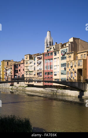 Bunte Gebäude am Ufer des Fluss Onyar, im Hintergrund die Kirche von Sant Feliu. Girona, Costa Brava, Spanien. Stockfoto