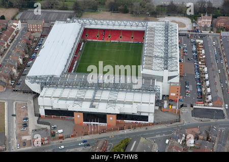Anfield Road, Liverpool. Luftaufnahme. Haus von Liverpool Football Club. Fotografiert im März 2008. Stockfoto