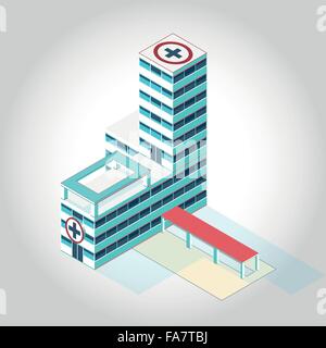 Schöne medizinische isometrische Klinikgebäude Illustration für wissenschaftliche Artikel Web blau rot schöne Apotheke Klinik master Vektor Stock Vektor