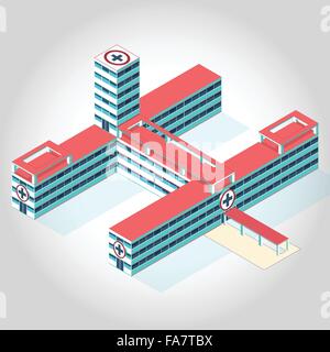 Schöne medizinische isometrische Klinikgebäude Illustration für wissenschaftliche Artikel Web blau rot schöne Apotheke Klinik master Vektor Stock Vektor