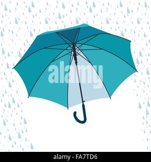 Schöne klassische blaue geöffneten Regenschirm mit Regen auf weiß. Master-Vektor-Illustration glätten. Hintergrund für die Wetternachrichten. Stock Vektor