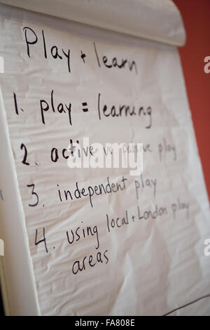 Flip-Chart mit der Hand geschriebenen Text Expaining Verbindungen zwischen spielen und lernen, als Bestandteil einer Lehrer-Workshop im Sutton House, Hackney, London. Stockfoto