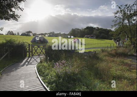 Niedrige Wray Campingplatz, Cumbria. Der Campingplatz liegt am ruhigen westlichen Ufer des Lake Windermere und verfügt über spektakuläre See und fiel. Stockfoto