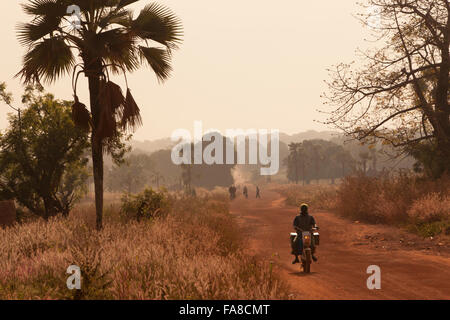 Ein Motorradfahrer fährt auf einer unbefestigten Straße in Tengréla Dorf, Banfora Abteilung, Burkina Faso. Stockfoto